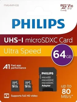 Philips microSDXC R80/W30 microSDXC 64GB Kit, UHS-I U1, A1, Class 10, 2er-Pack